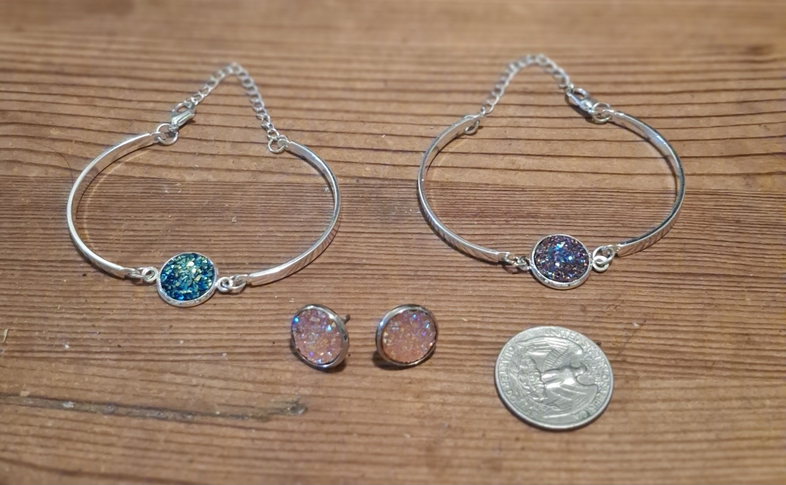 Faux Druzy Jewelry Set Bracelets & Stud Earrings Pink Blue Iridescent Silver