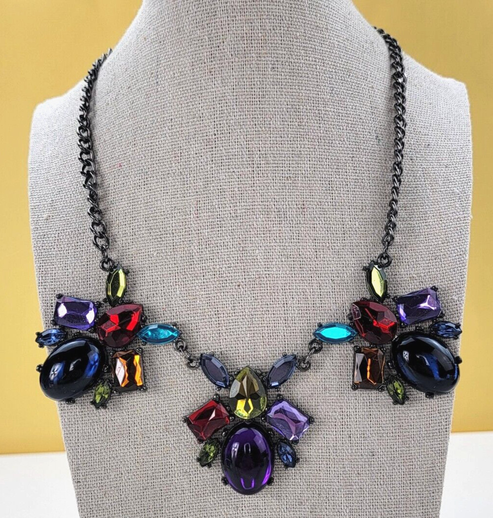 Multi Color Acrylic Faux-Gem Cabochon Statement Collar Necklace 20.5 in Gunmetal