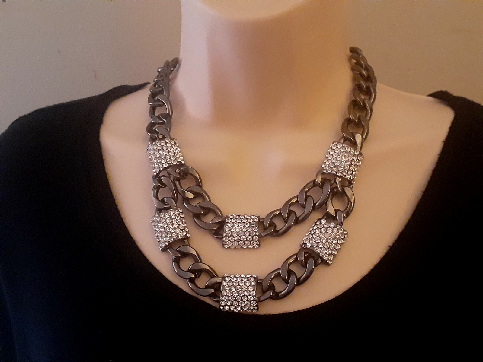 Gun Metal Grey Multi Oval Link Rhinestone Statement double strand necklace. 21″