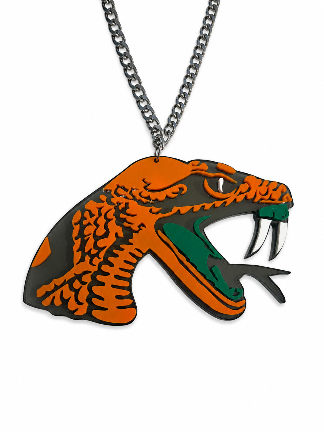 Florida A&M Rattlers Acrylic Fan Chain Necklace Orange Green Silver Pendant