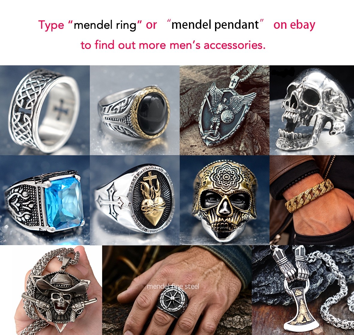 MENDEL Gothic Mens Biker Skull Pendant Necklace Men Stainless Steel Chain Silver