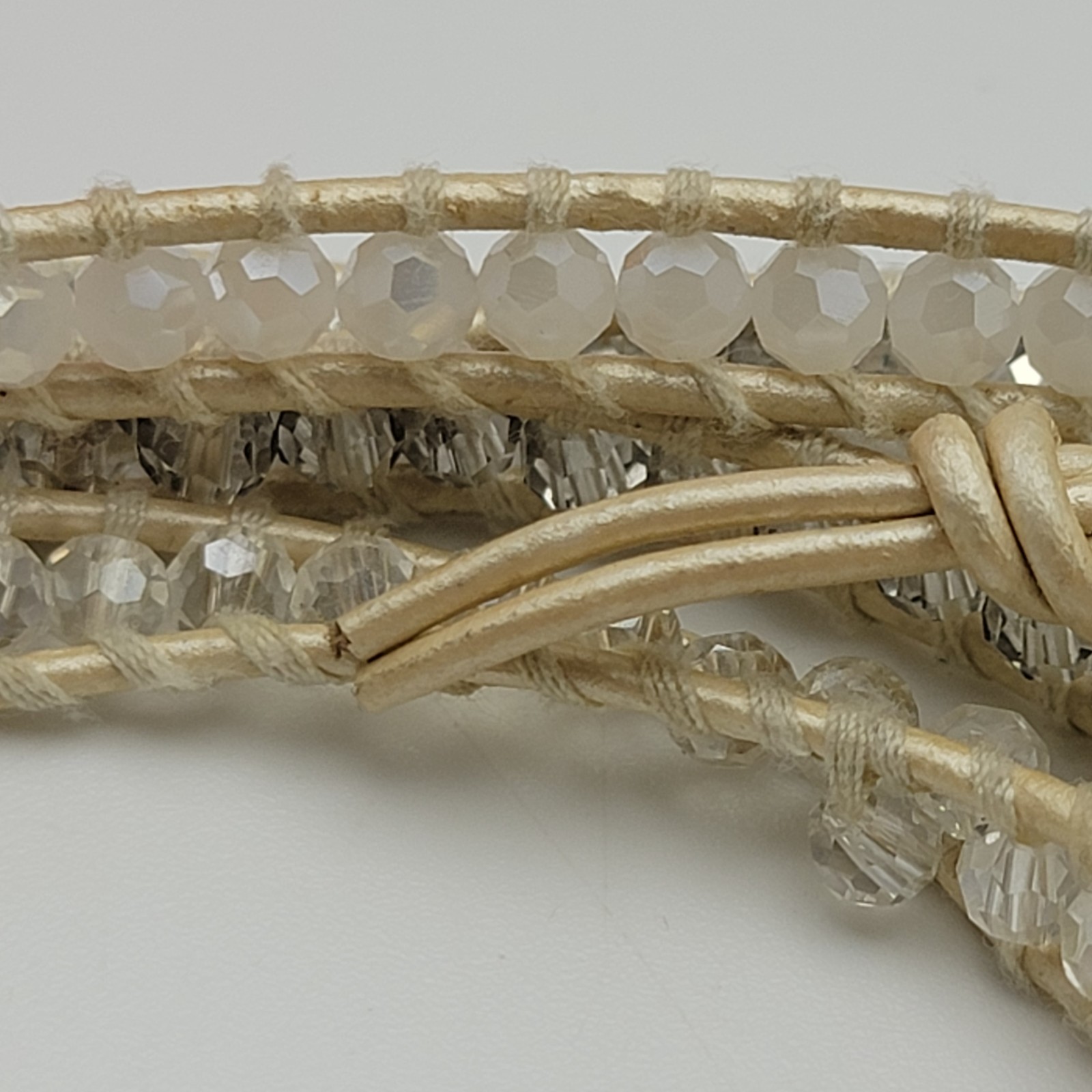 Victoria Emerson White Crystal Wrap Bracelet, Beige Leather Cord, 34″ Toggle