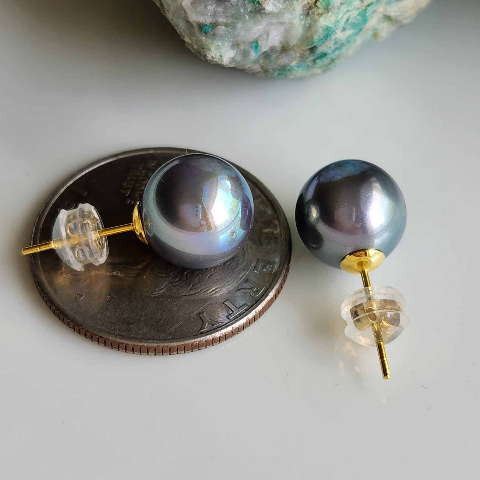 Sea Shell Akoya Gray Color 10mm Pearl Stud Earrings 925 Silver 14k Gold-Plated