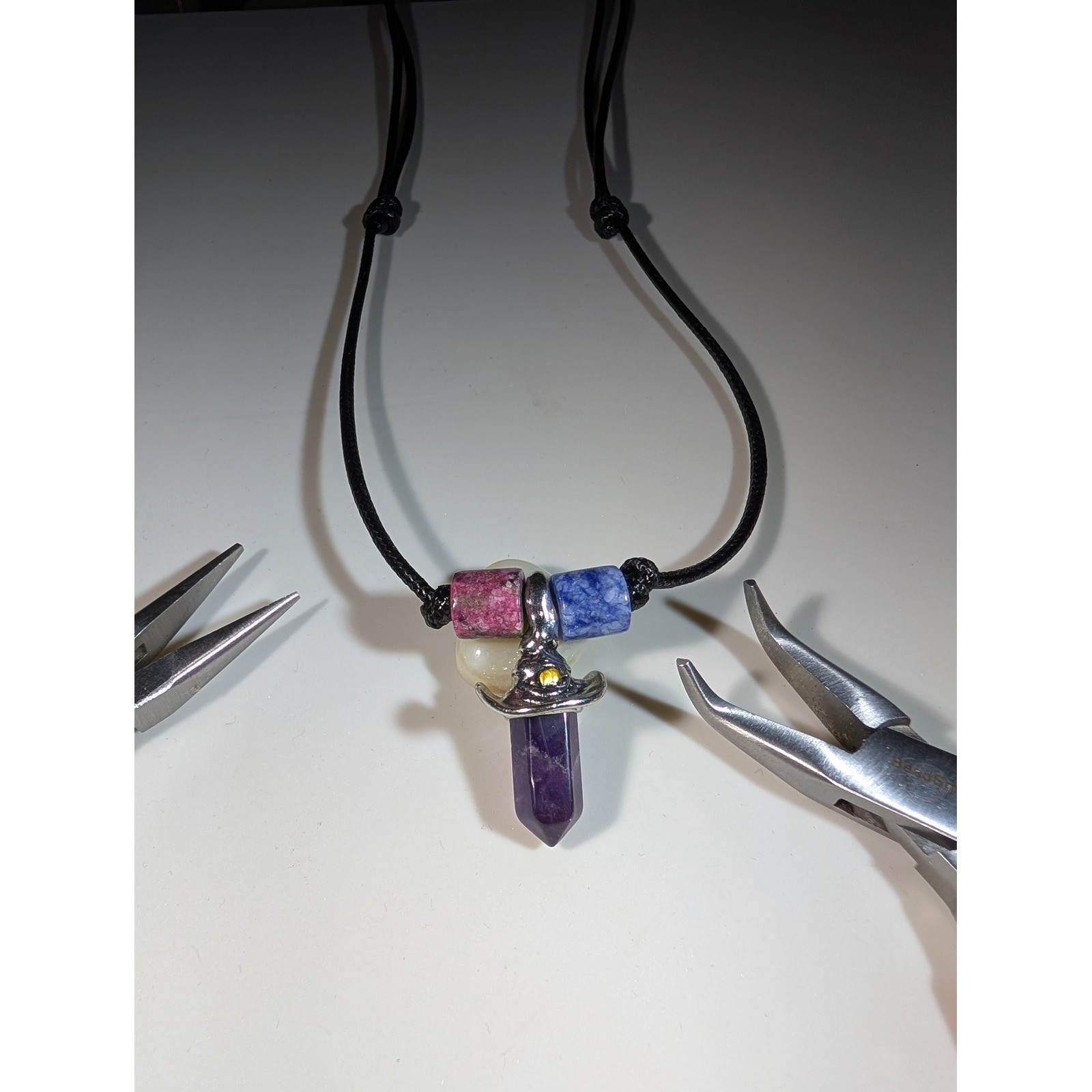 Amethyst Crystal Point Wizard Hat Necklace Adjustable Black Cord Pink Blue Beads
