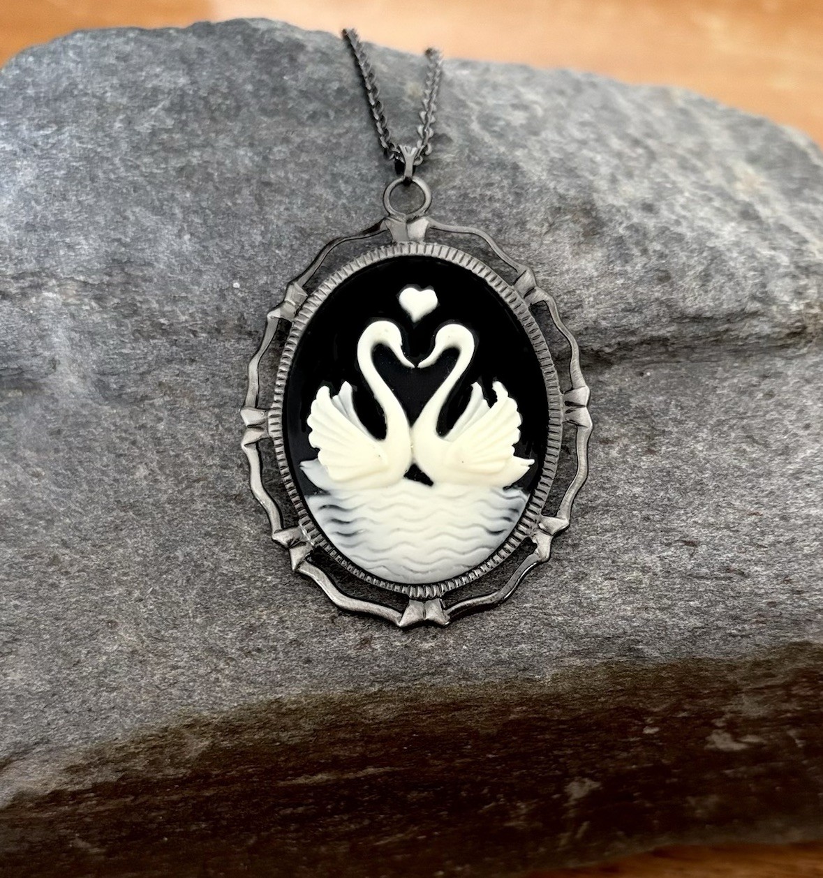 Swans in Love Cameo Necklace, Swan Bird w/Heart, Victorian Vintage Style Pendant