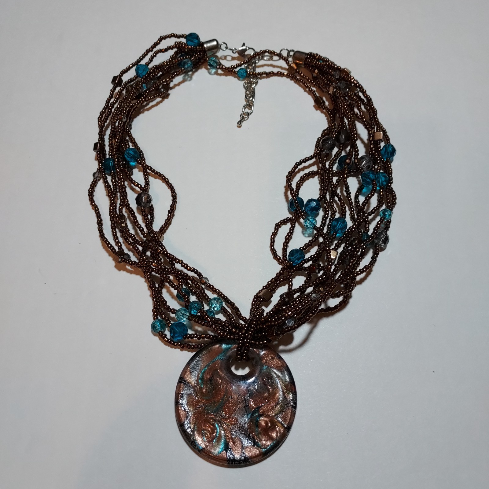 VINTAGE Glass Blown Copper Foil Pendant, Multi-Strand Seed Bead Necklace