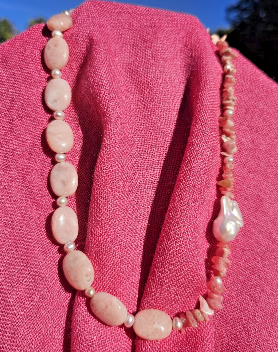 Baroque Pearl, Rose Opal, and Rhodochrosite Beaded Necklace, 20.5 in