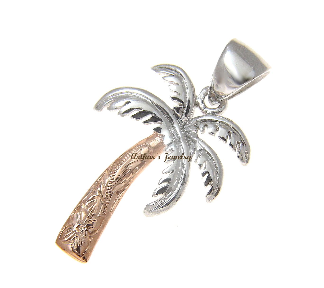 2 TONE 16MM ROSE PINK SILVER 925 HAWAIIAN PALM TREE SCROLL PENDANT RHODIUM