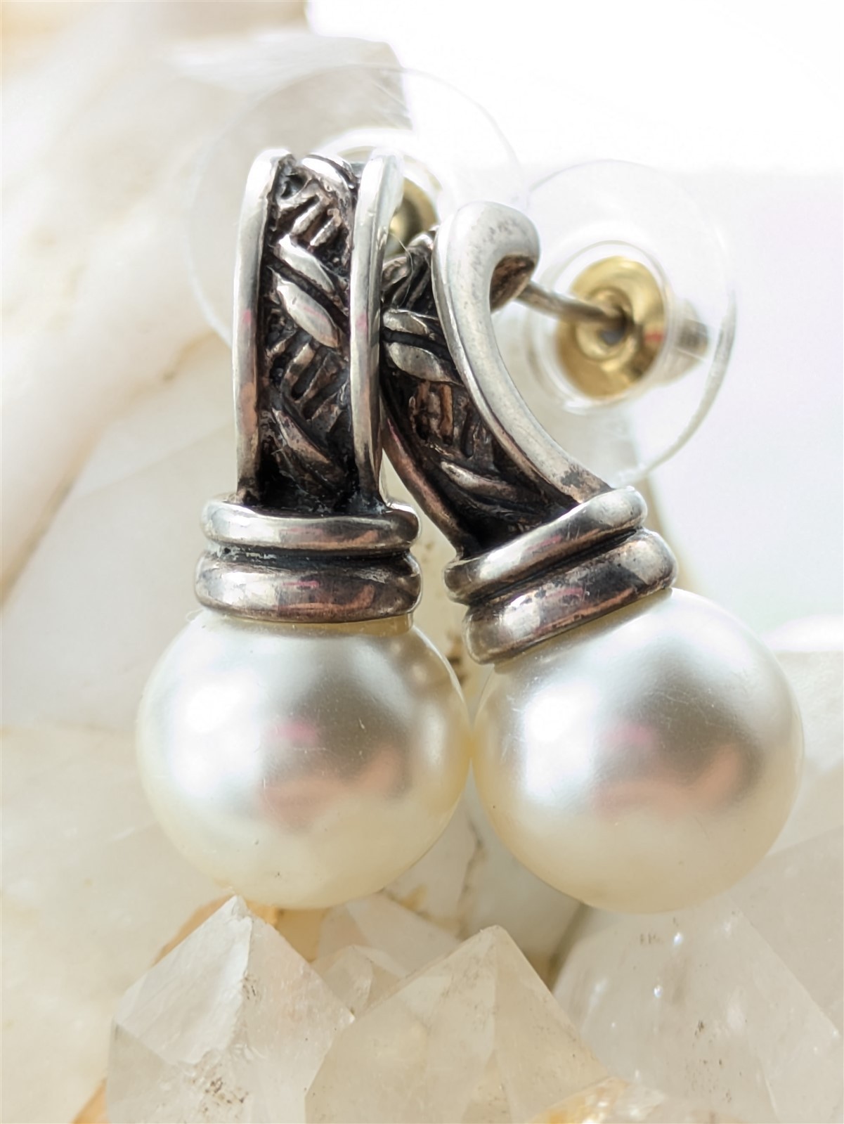 Vintage Solid Sterling Silver Faux Pearl Huggie Hoop Earrings – 5 Grams