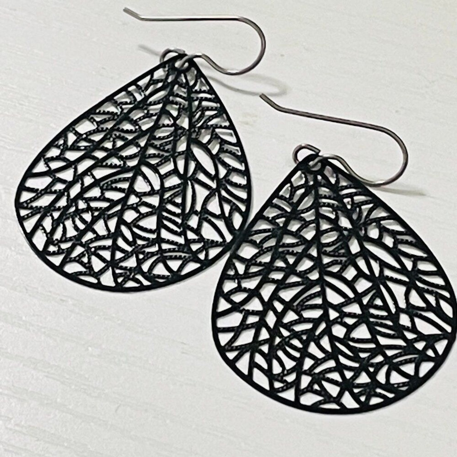 Black Cutout Teardrop Filigree Earrings Ultra Lightweight Bold Statement