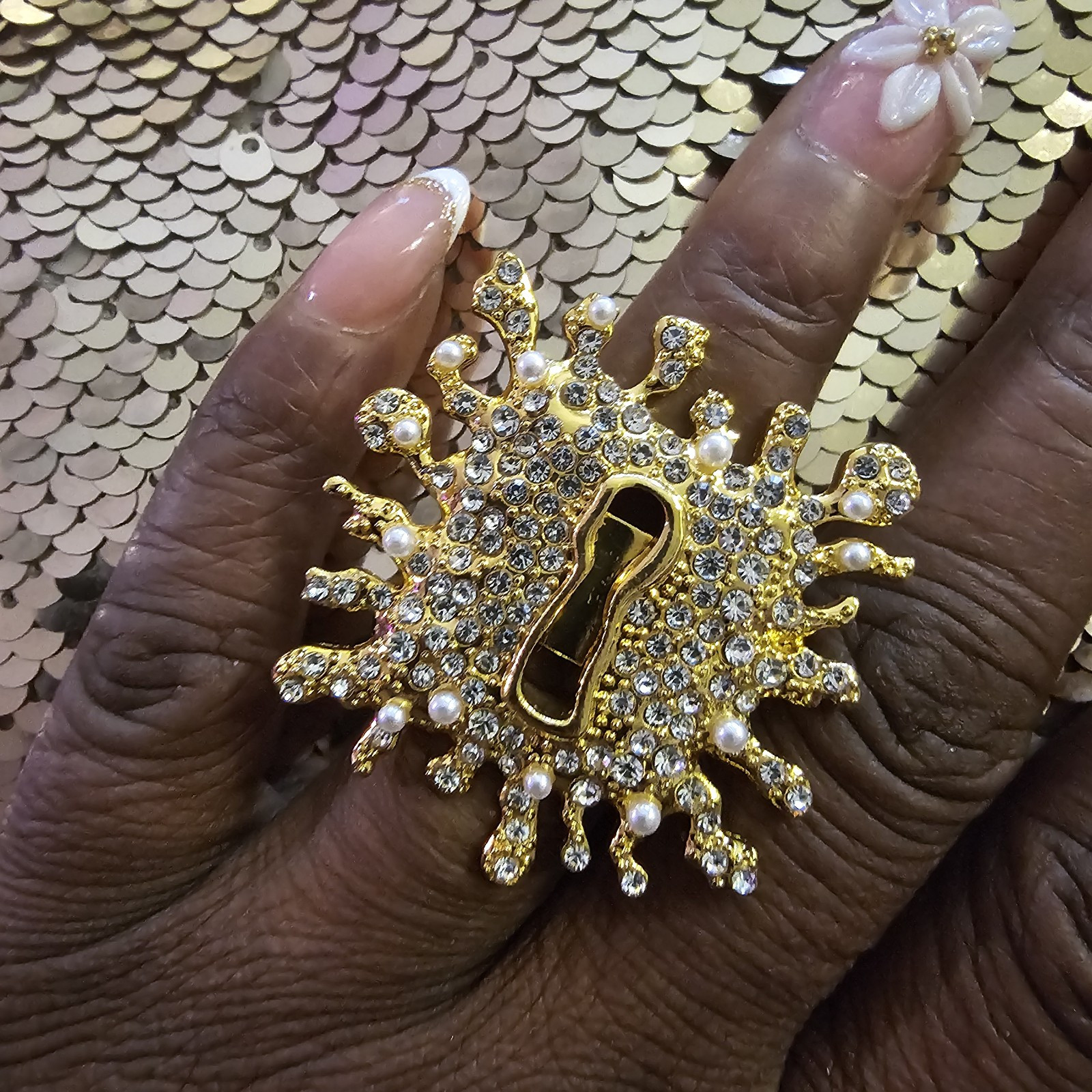 Schiaparelli Inspired Pave Keyhole Gold Plated Ring 1. 5 In