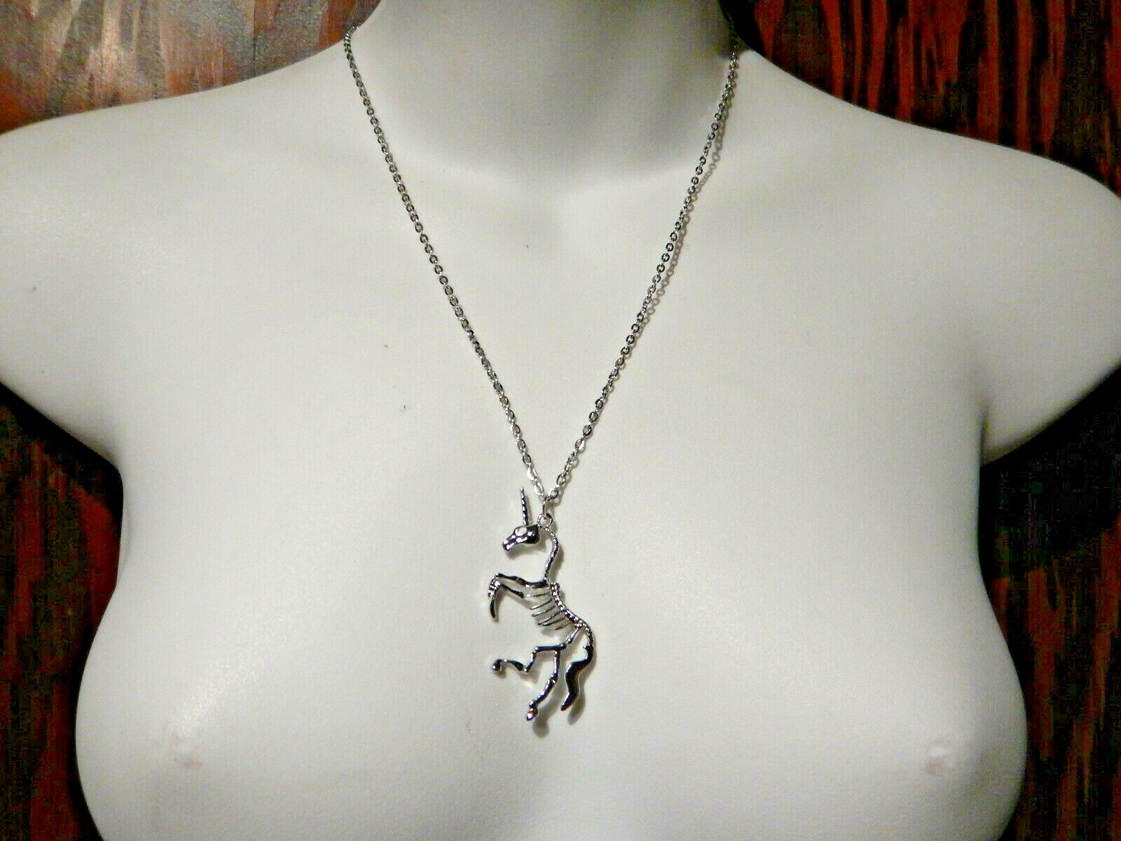 UNICORN SKELETON PENDANT NECKLACE silver-tone horse chain skull gothic punk P6