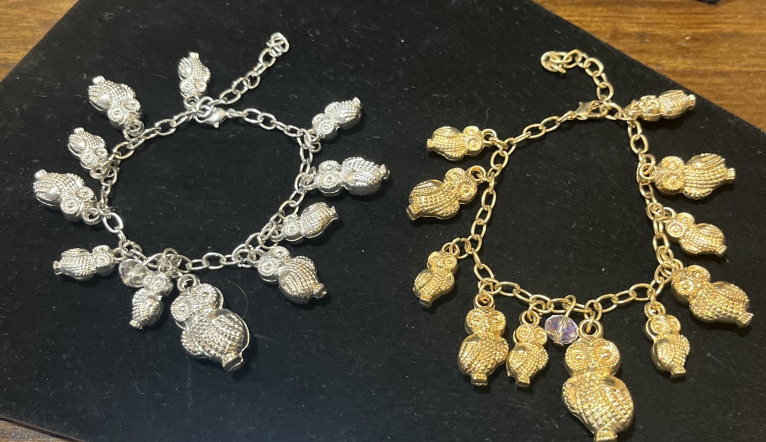 Owl Gold Silver Tone Charm Bracelets Jewlery Set Dangle Mixed Materials Womens