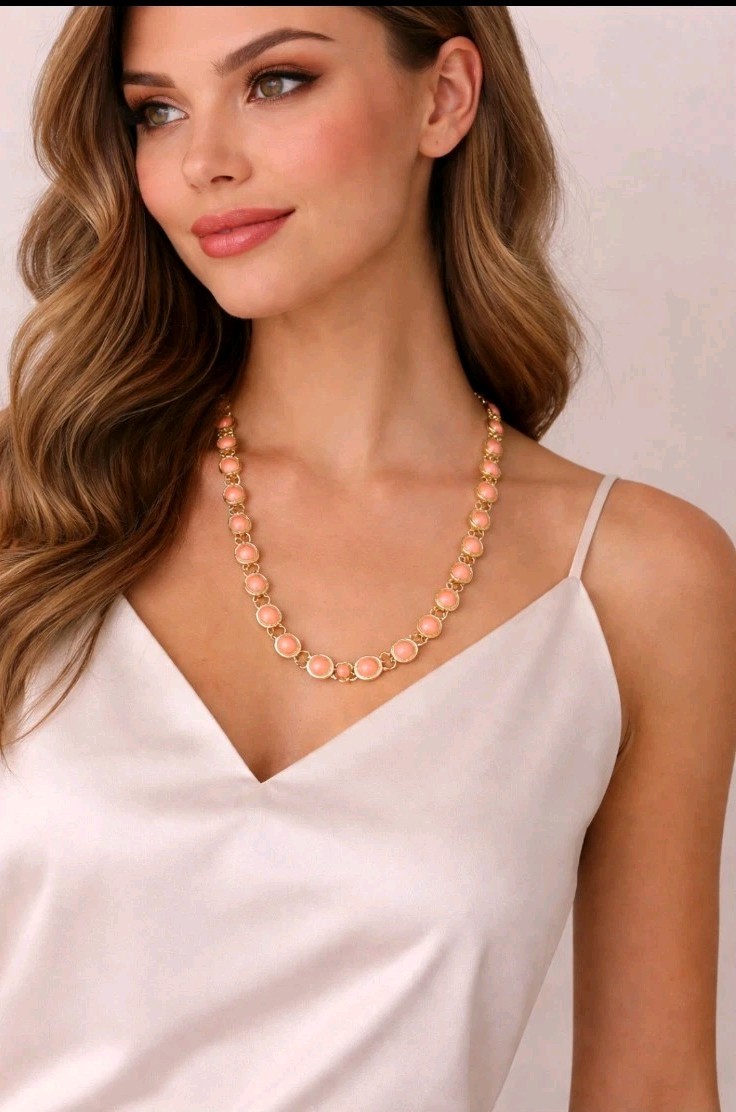 Ann Taylor Salmon Pink Long 35″ Chain Necklace Gold Tone EUC