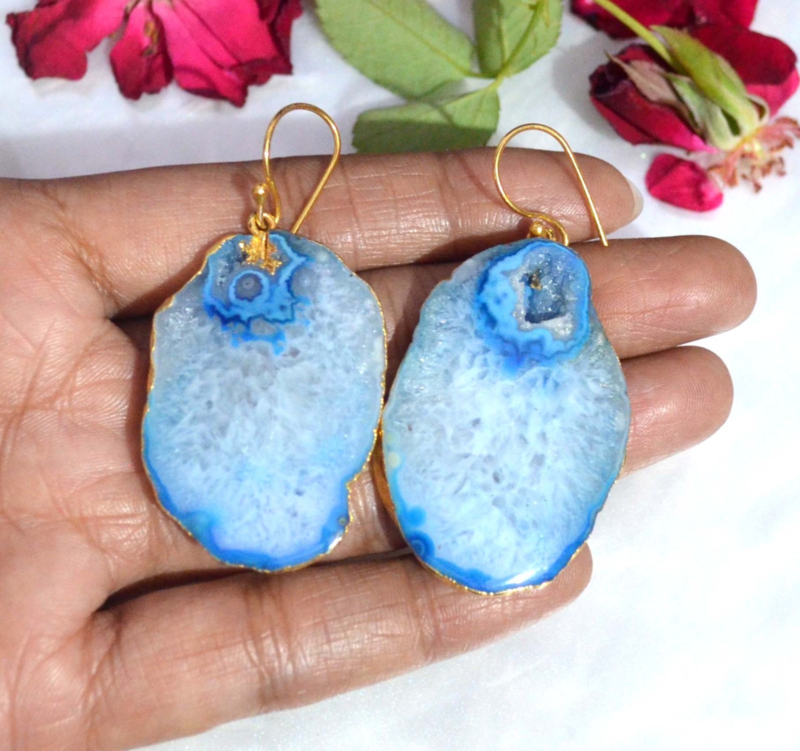 71 Cts. Sea Blue Natural Dyed Electroplated Druzy Agate Earrings Jewelry-S25