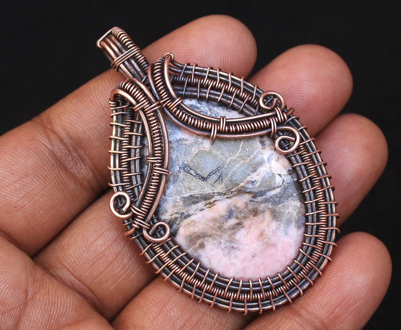 Gift For Bridal Copper Wire Wrap Pendant Rhodochrosite Gemstone Jewelry N427