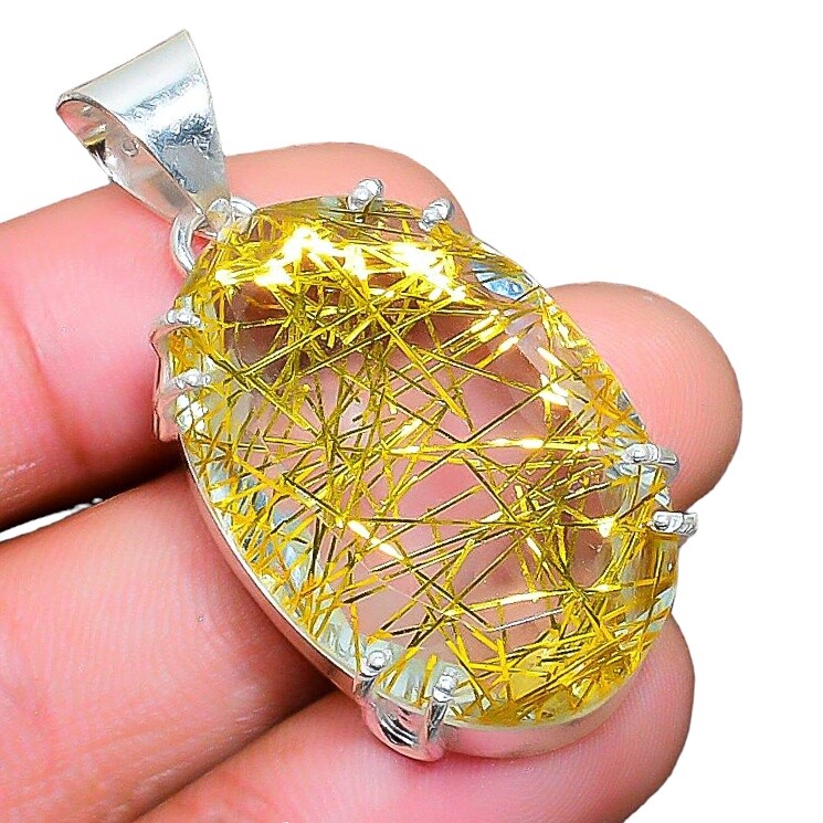 Golden Rutile Quartz Gemstone Pendant 925 Sterling Silver Jewelry Pendant 1.97″