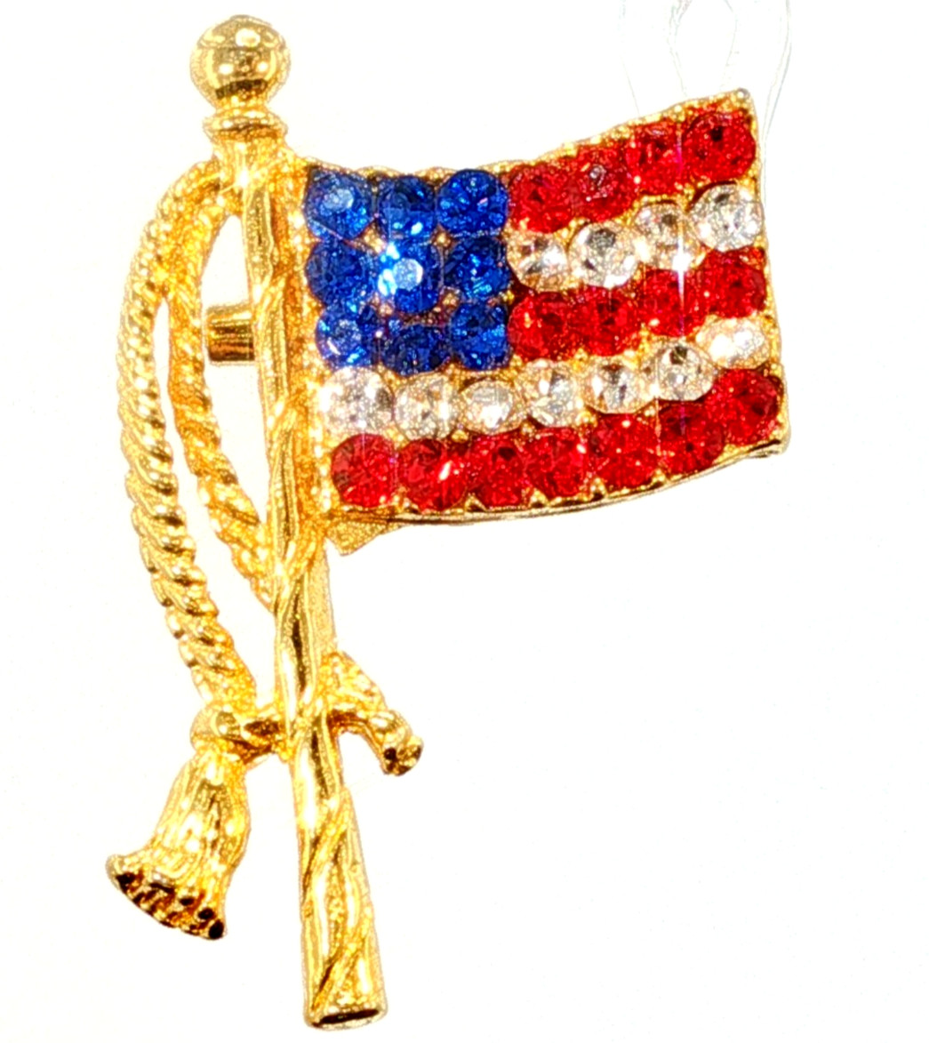 Vtg Crystal American Flag Brooch/Pin Approx. 1.5″ & Two Bonus Enamel Lapel Pins