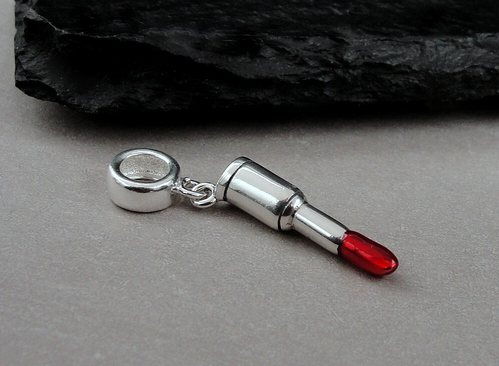 925 Sterling Silver Red Lipstick Makeup Dangle Charm – fits European Bracelets