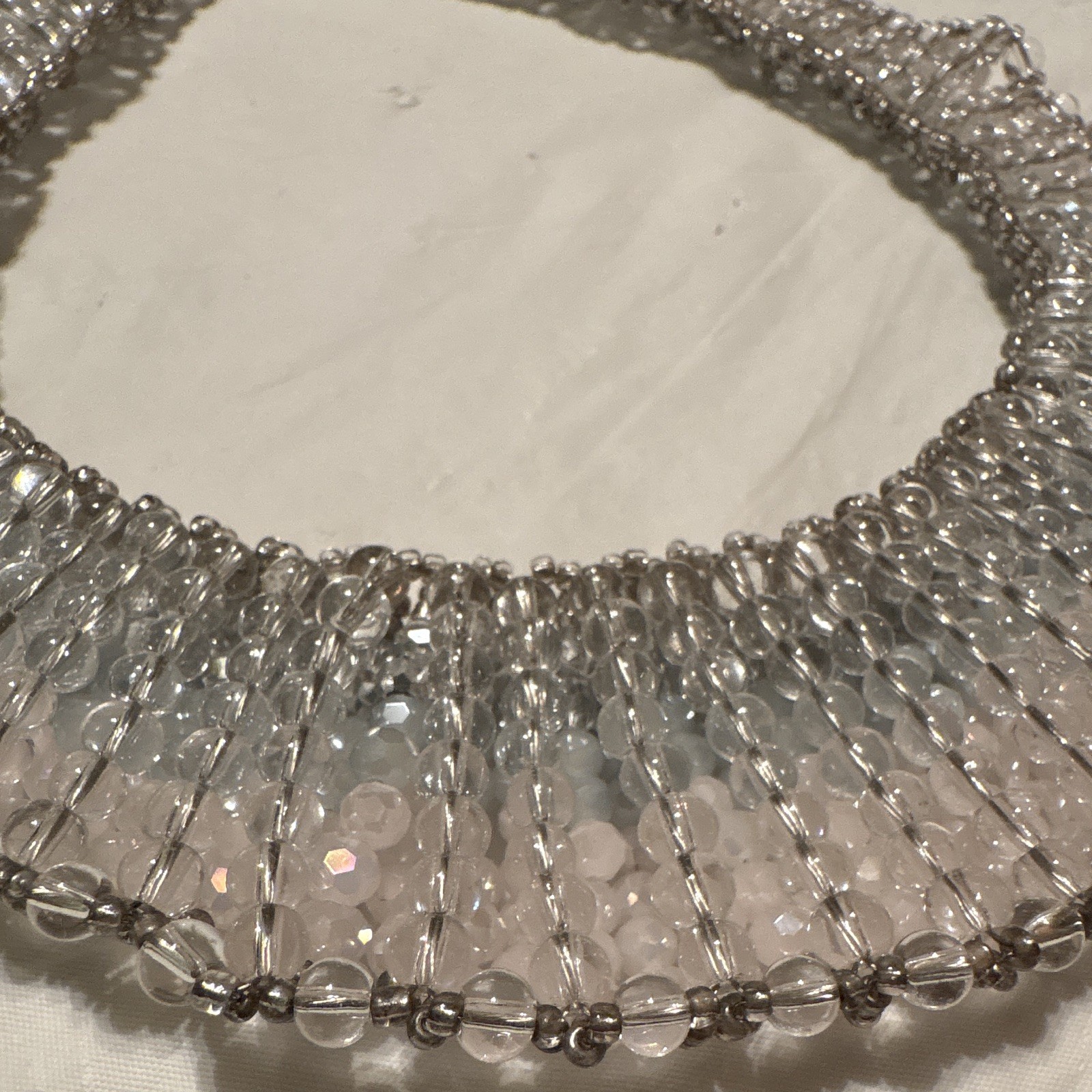 Statement Beaded Necklace Round Clear Crystal/Glass Beads Pink/Gray Adjustable