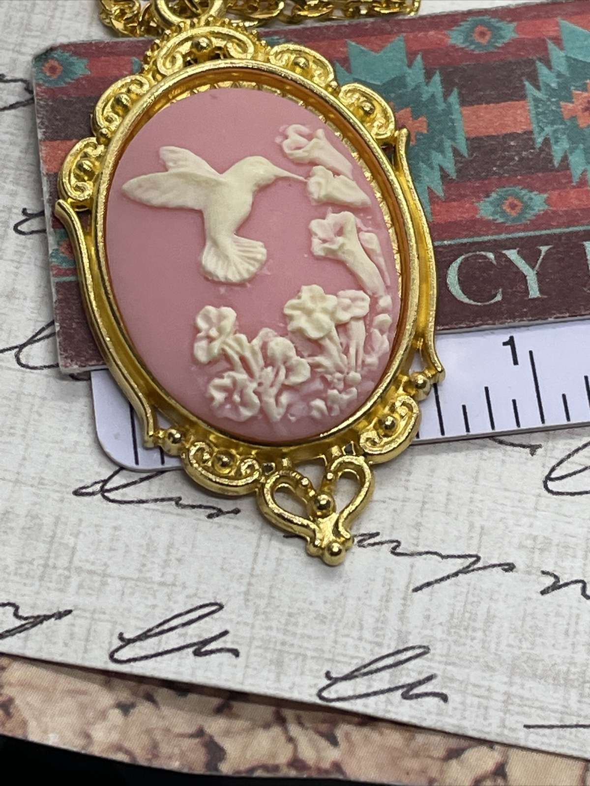 PINK Hummingbird Necklace Heart Cameo Mom Daughter Gold wedding JEWELRY Easter