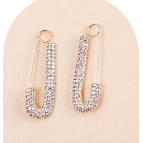 Boutique Safety Pin Earrings Gold New Iridescent Rhinestone Statement