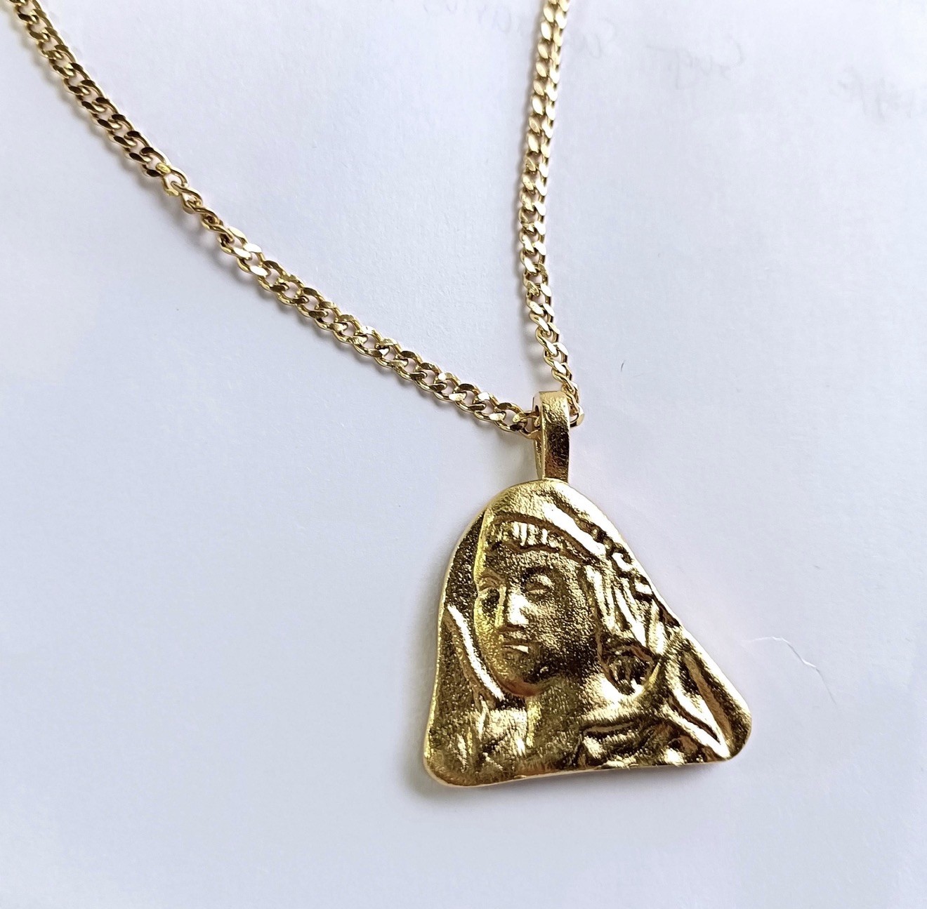 Gold Tone Religious Pendant Chain Necklace Round Textured Metal Yeezy Season