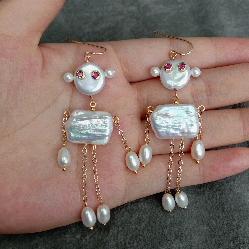 3.1″ Cultured White Pearl Earrings Robot Shape Dangle Earrings Novelty Jewelry