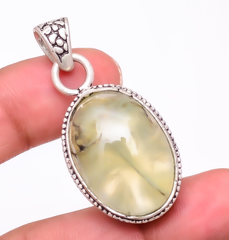 Natural Moss Prehnite Gemstone 925 Silver Plated Jewelry Pendant 1.7″ T8658