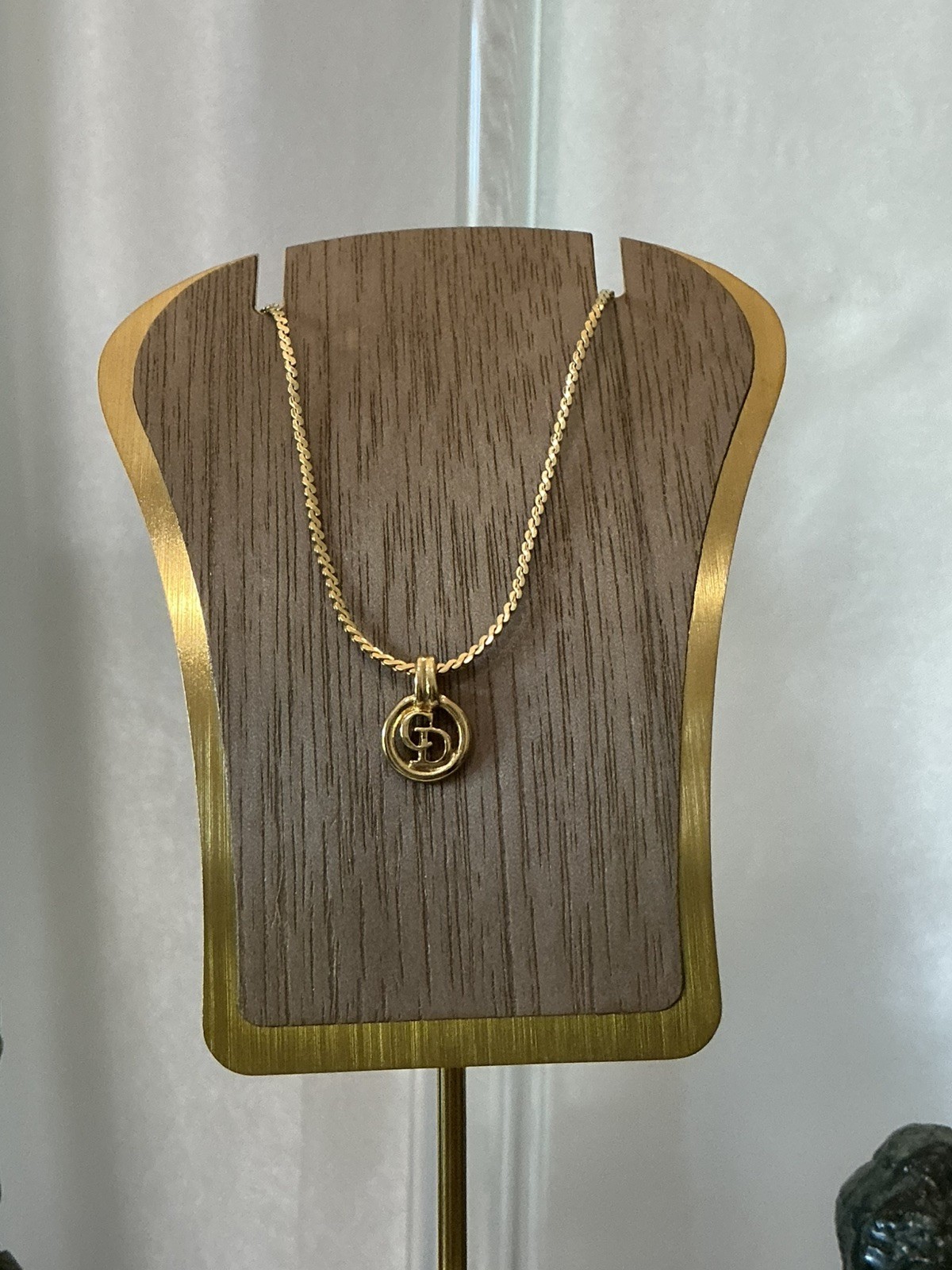 Auth Christian Dior CD Logo Accessory Vintage Pendant Necklace Gold Plated GOOD