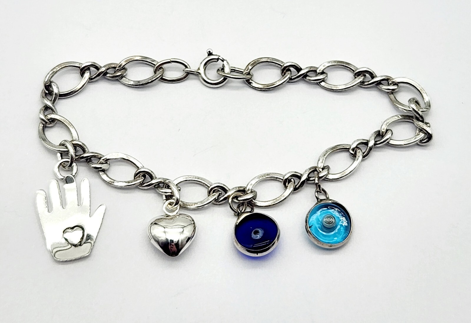 Vintage Sterling Silver All Seeing Eye Enamel Mystic Charm Link Bracelet – 10.2g