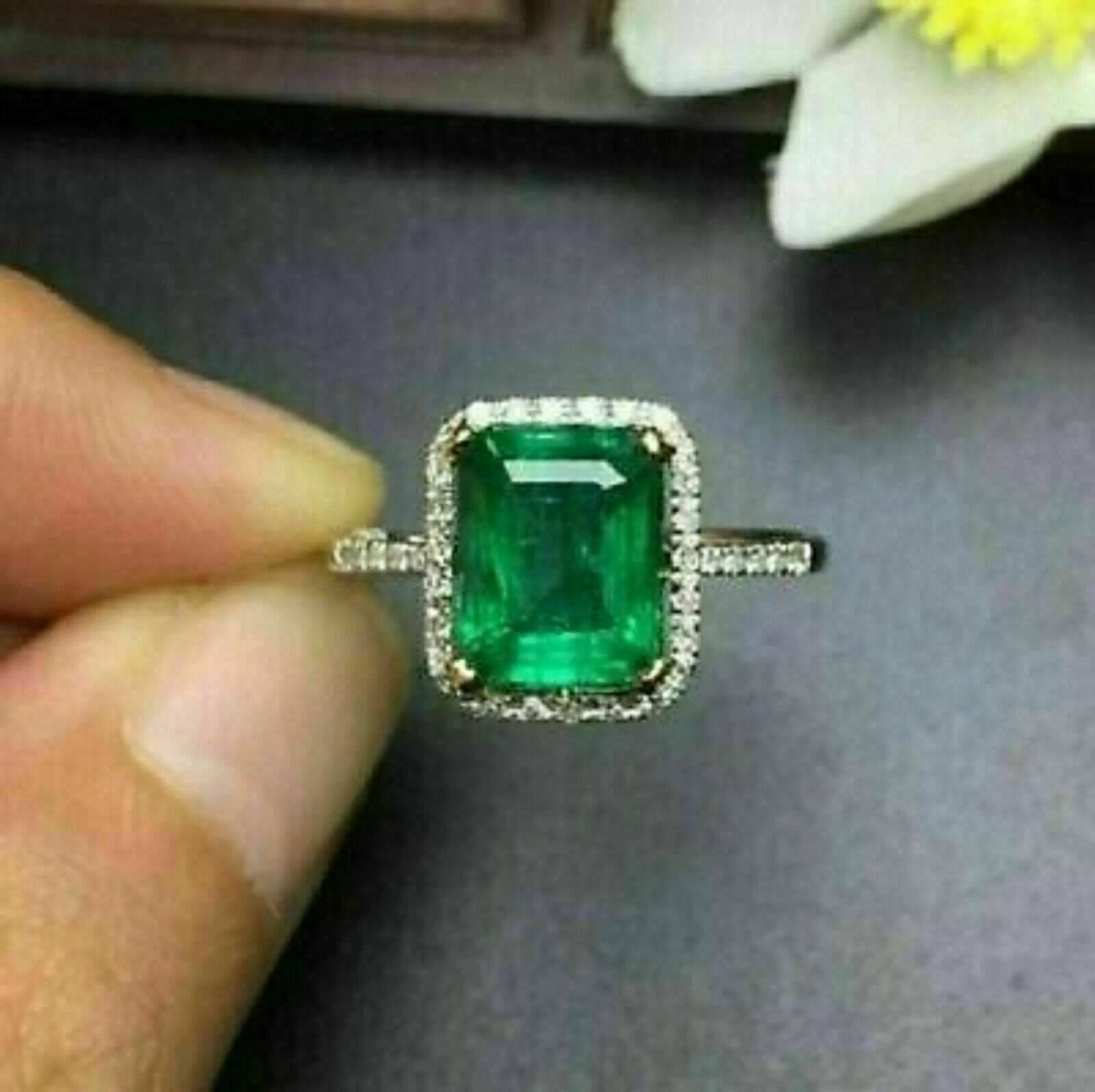 3.00Ct Simulated Emerald Green Emerald Engagement Ring 14K White Gold Plated