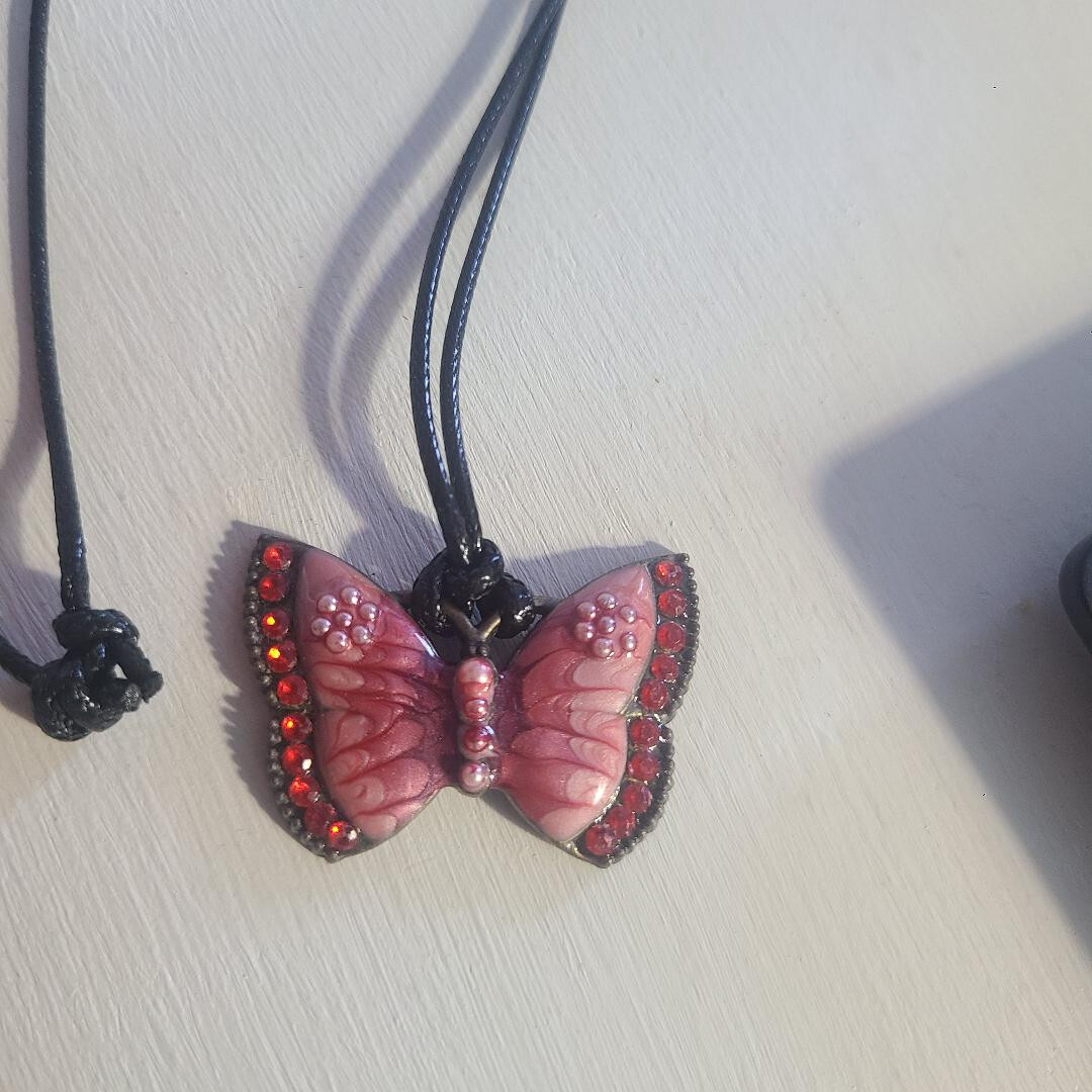 Pink Butterfly Bling Mariposa Necklace Choker – Metal Ruby Rhinestone Leather