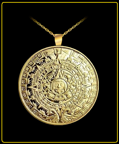 GeetarGizmos MAYAN CALENDAR Coin Necklace – 1 1/2″ gold medallion pendant aztec