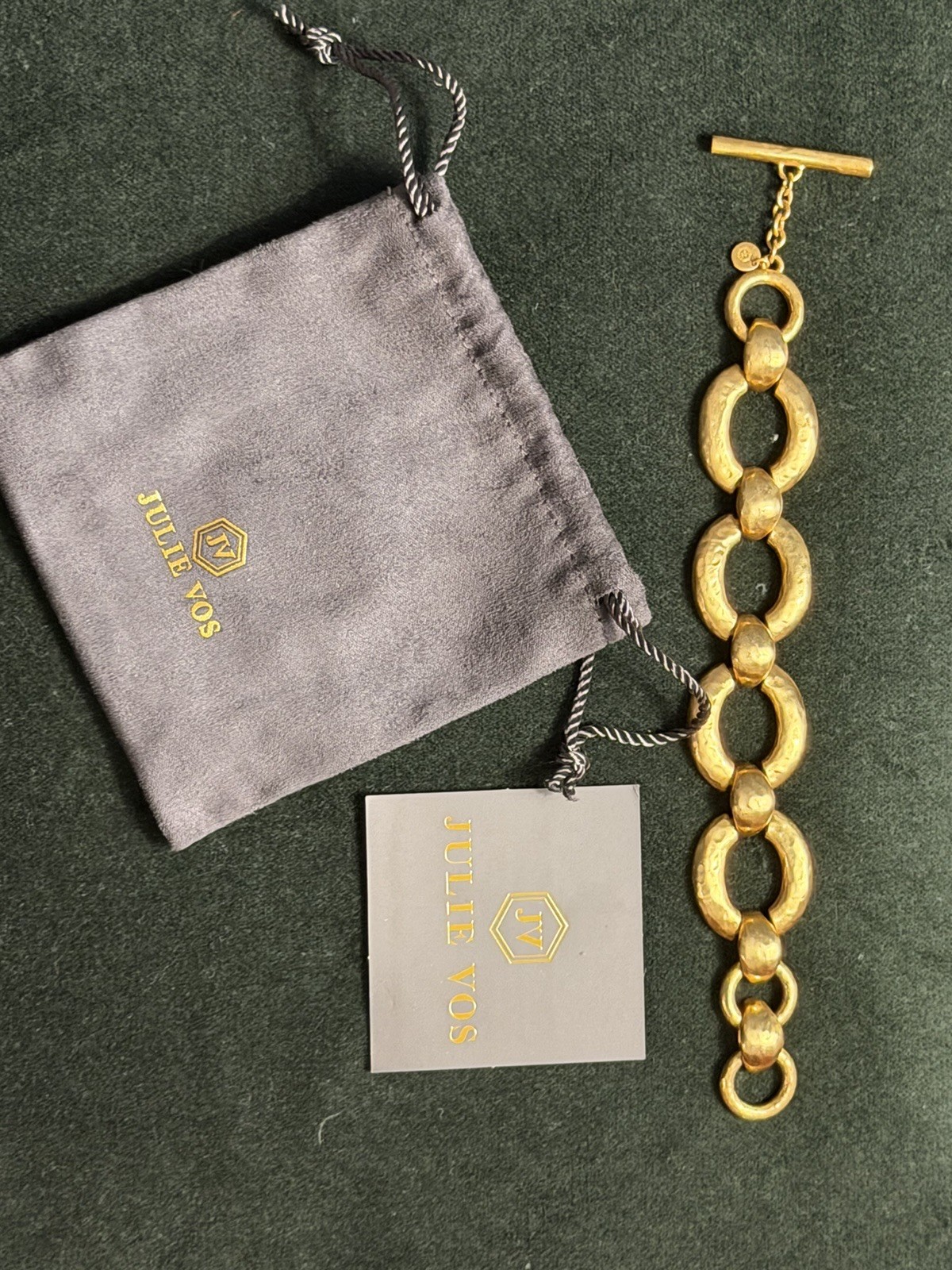 Julie Vos Retired Gold Plated Hammered Link Toggle Bracelet Authentic w/ Pouch