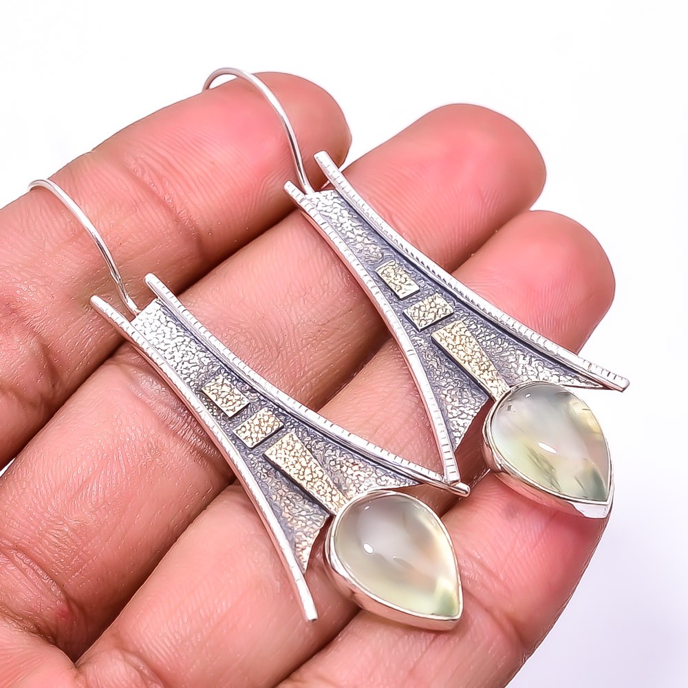 Natural Prehnite Oxidised 925 Sterling Silver Handmade Earring 2.34″ E7