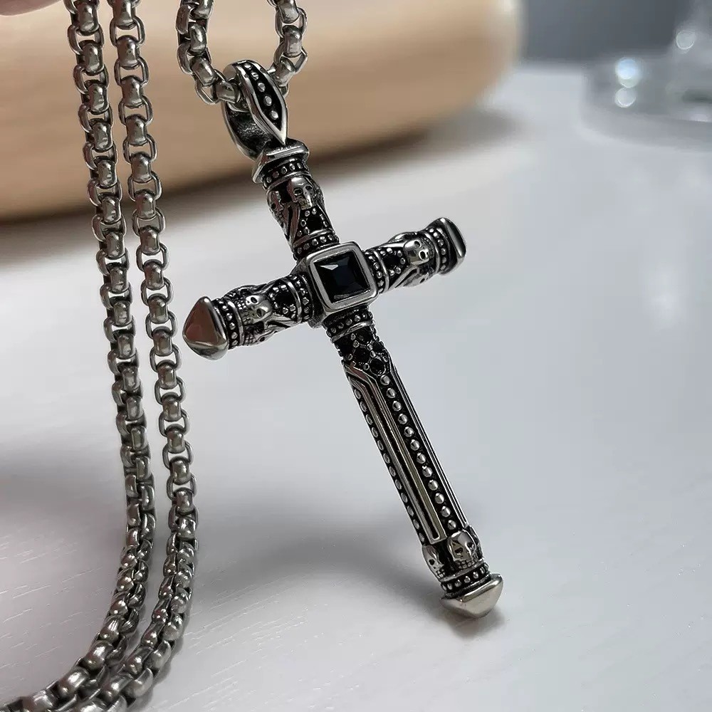 23″ Retro Vintage Cross Pendant Necklace Stainless Steel with Black Onyx Zircon