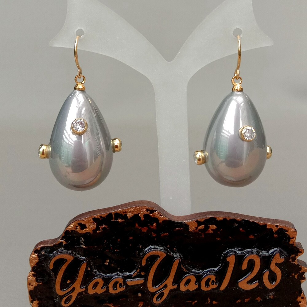 Grey Teardrop Sea Shell Pearl Cz Pave Gold Plated Hook Earrings
