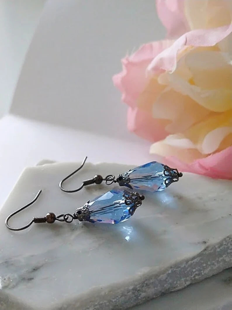 Teardrop Blue Glass Gray Gunmetal Dangle Earrings, Bridal Earrings