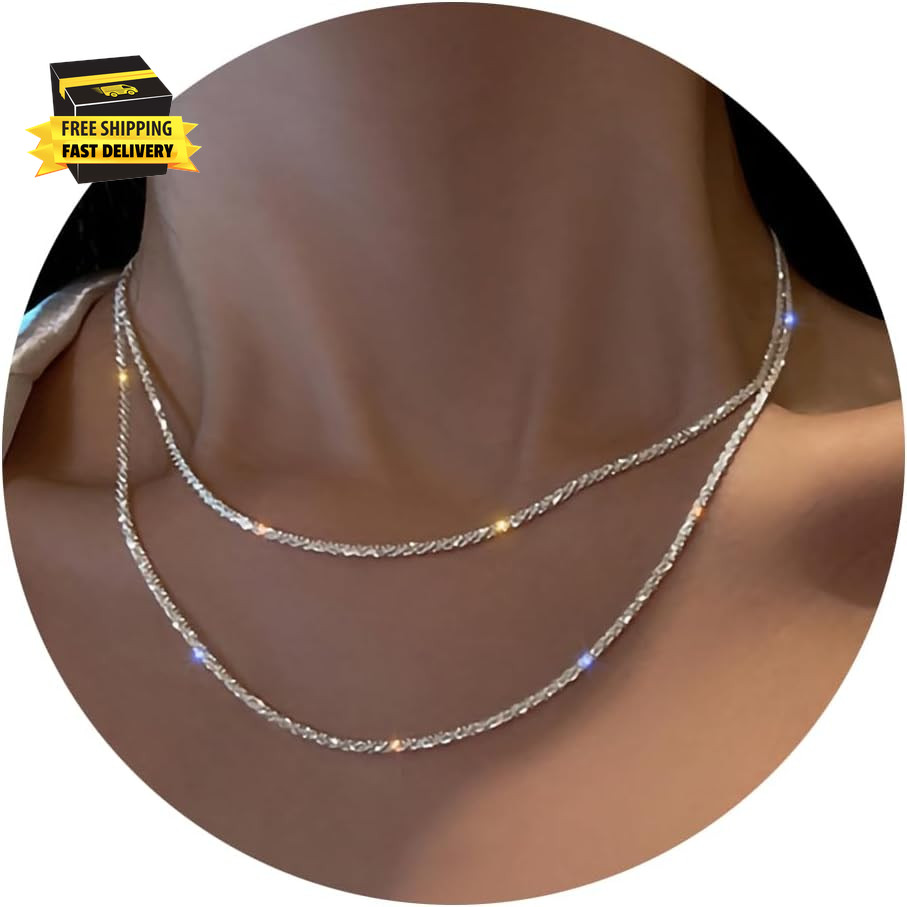 Silver Rhinestone Tennis Necklaces for Women, Dainty Adjustable Layered Twist Ro