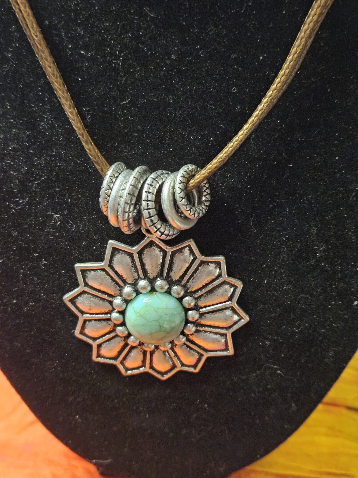 Flower Pendant Charm Cord Necklace, Aqua Round Stone, Bezel Set Brown/Silver