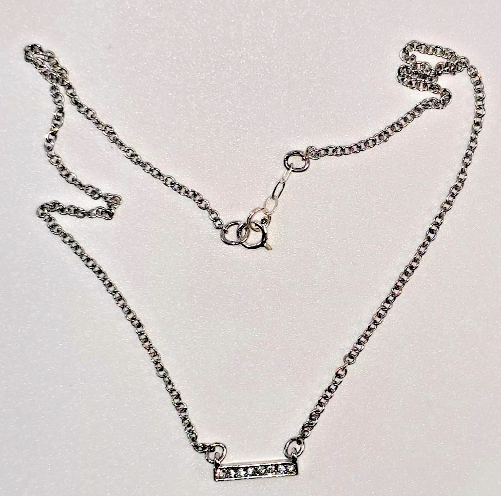 Silver Tone Glass Crystal Bar Pendant Necklace Minimalist Dainty 14 In Necklace