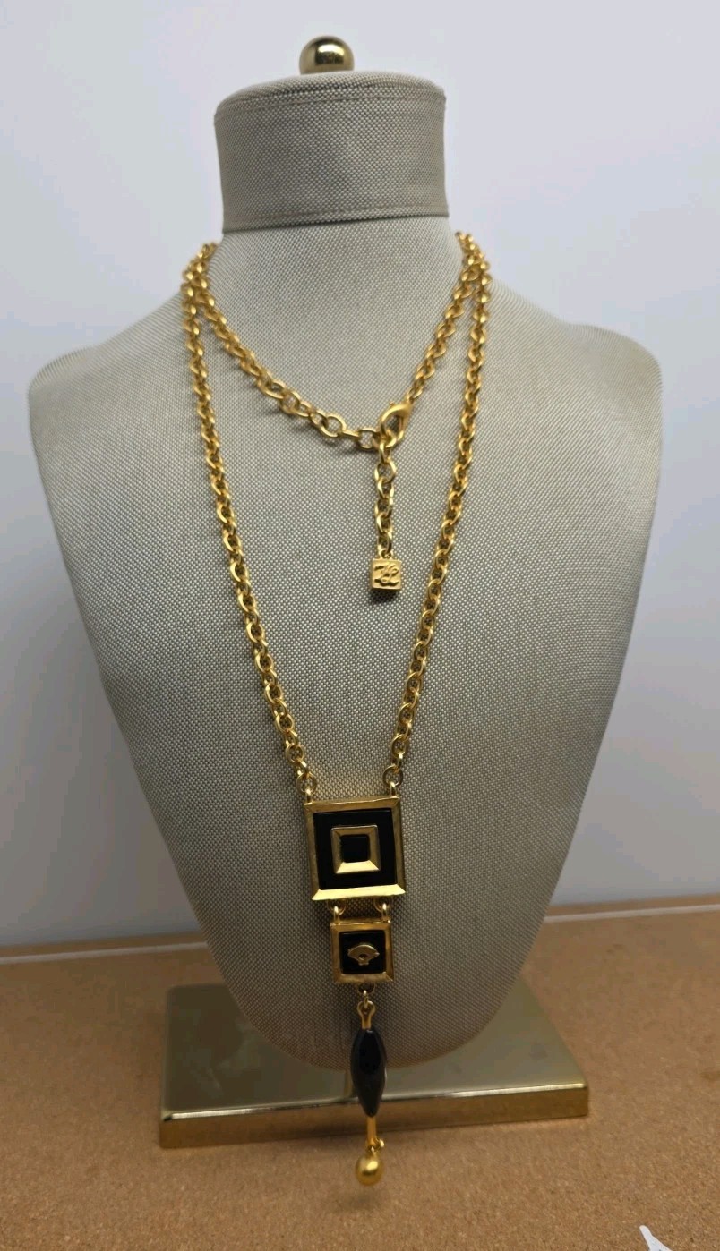 Karl Lagerfeld Black Enamel Gold Plated Dangle Pendant Chain Necklace Runway