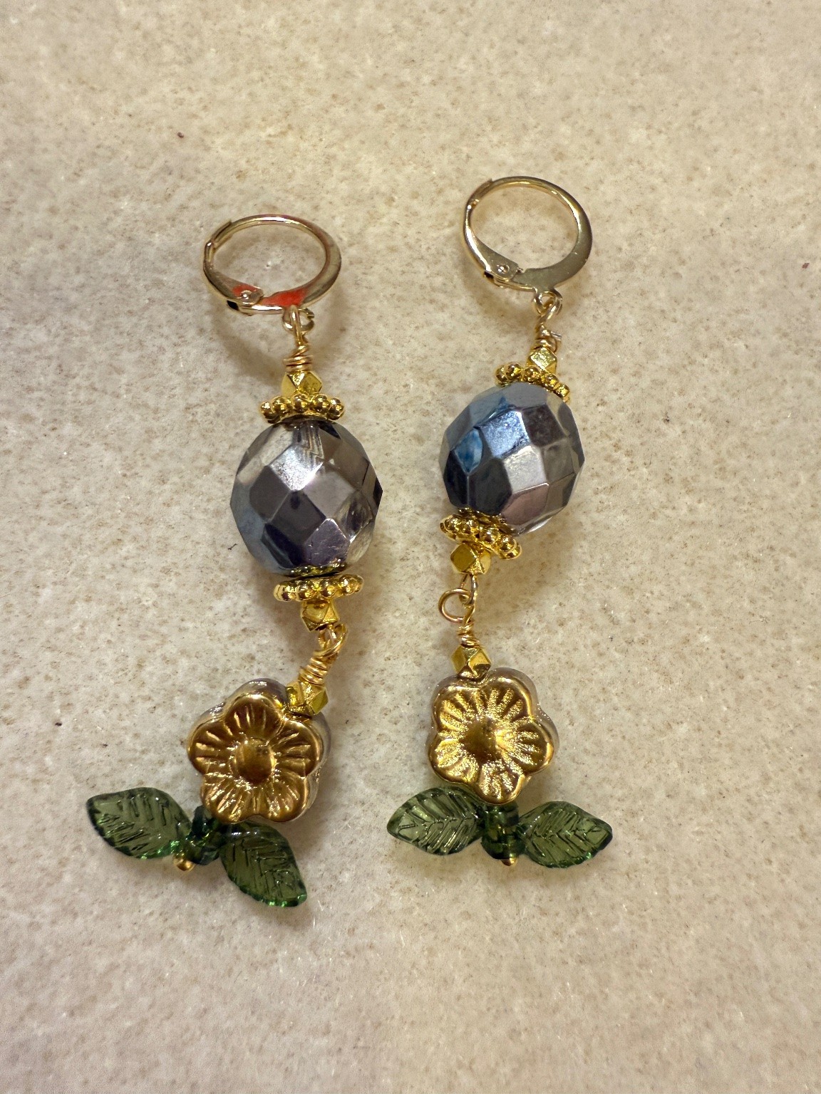 Faceted Glass Bead Floral Leaf Dangle Drop Earrings 5.5cm 18K GP Leverback