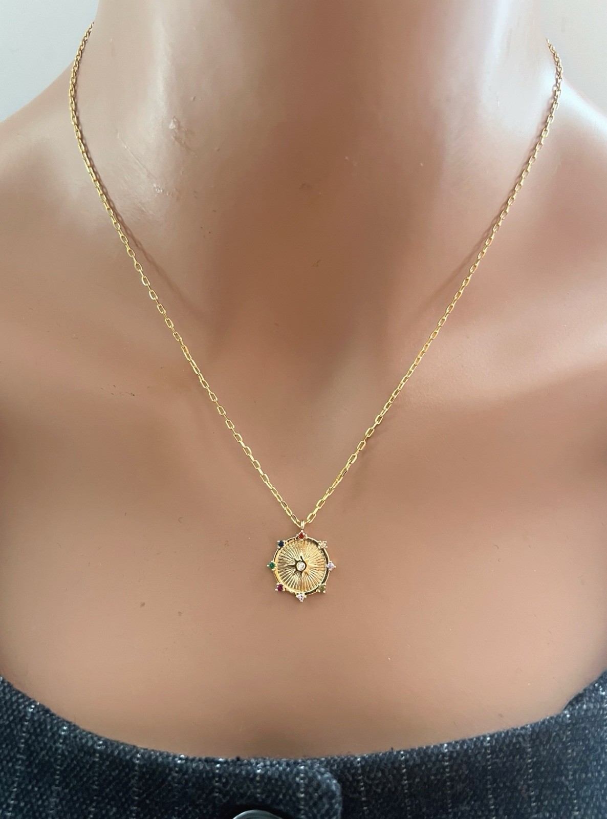 Gold Medallion Pendant Necklace CZ Pendant Necklace Gold Chain Necklace Gift
