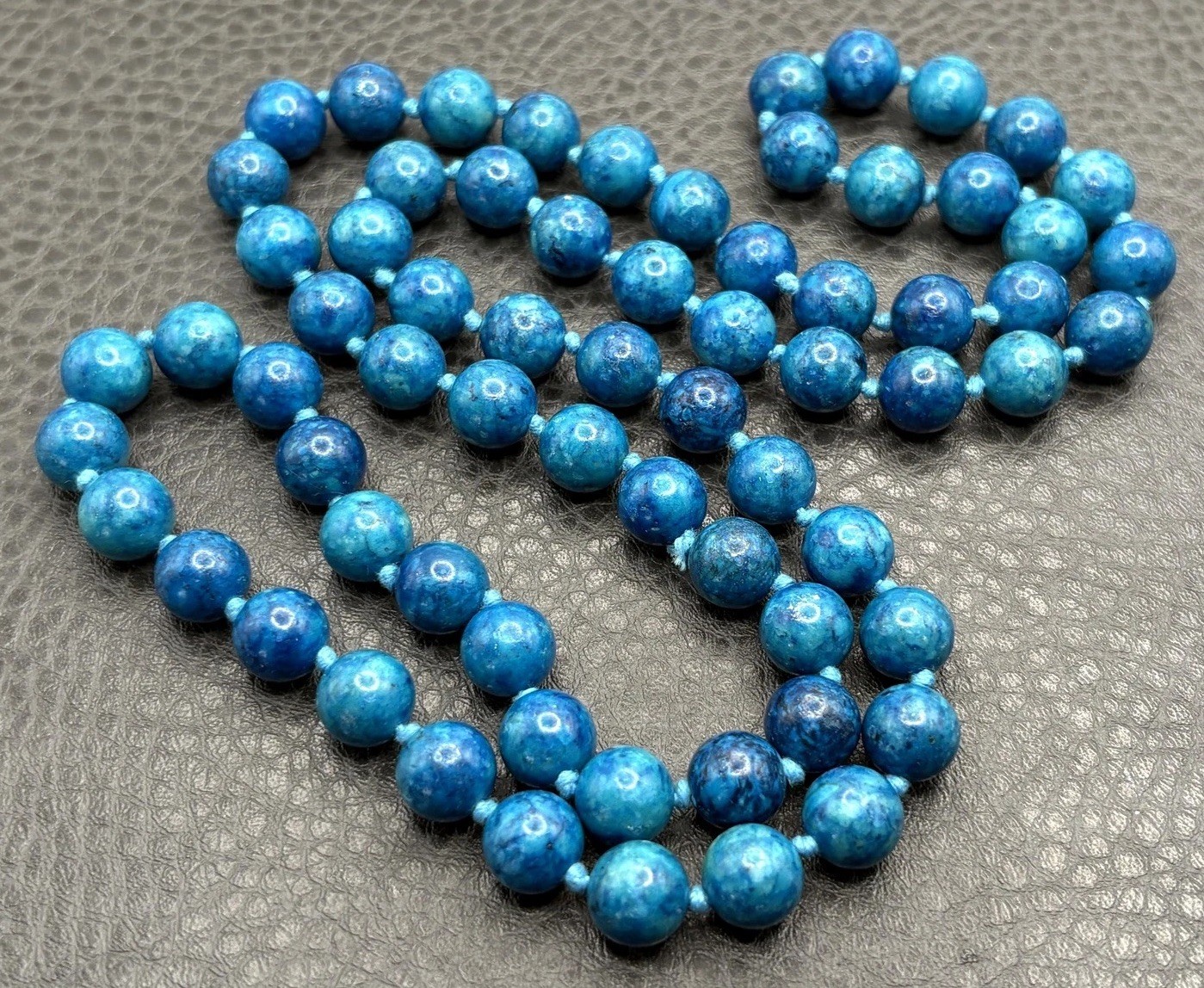 Blue Apatite Hand Knotted Round Gemstone Bead Necklace 10MM Beads 32”