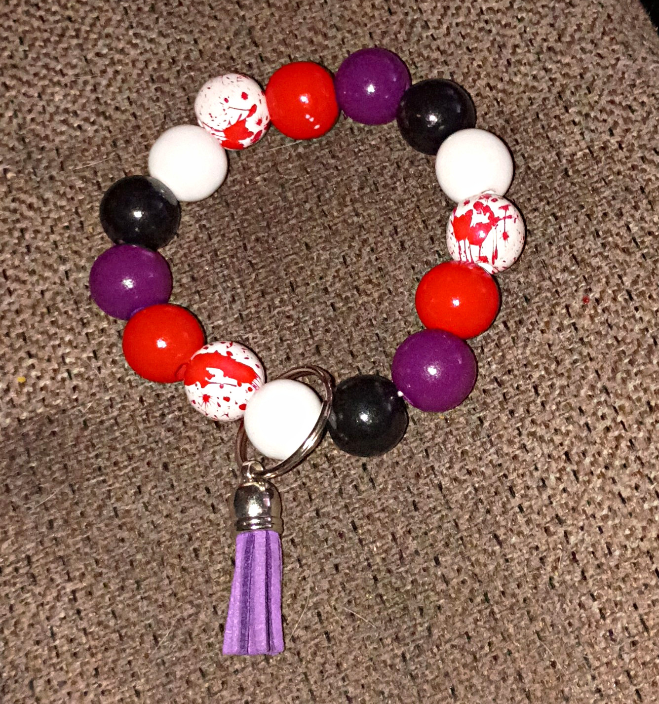 Multicolor Plastic Round Beaded Charm Stretch Bracelet w/ Purple Tassel Dangle