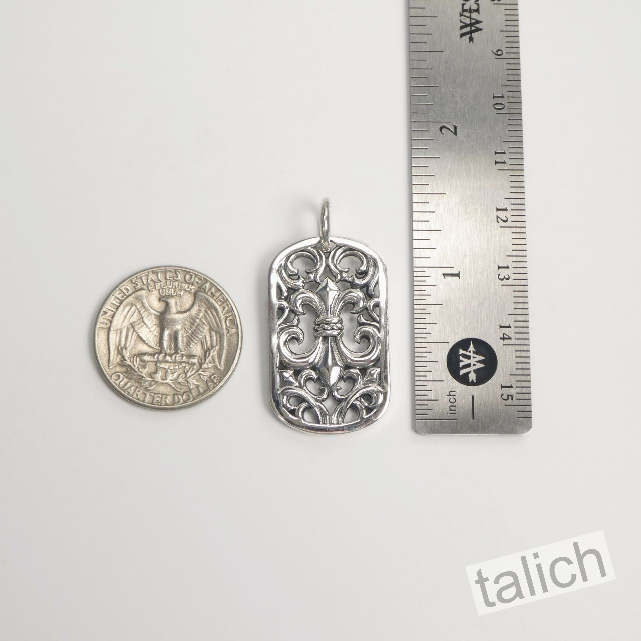 Shiny 925 Sterling Silver Cutout Fleur De Lis Ornate Scrolls Dog Tag Pendant