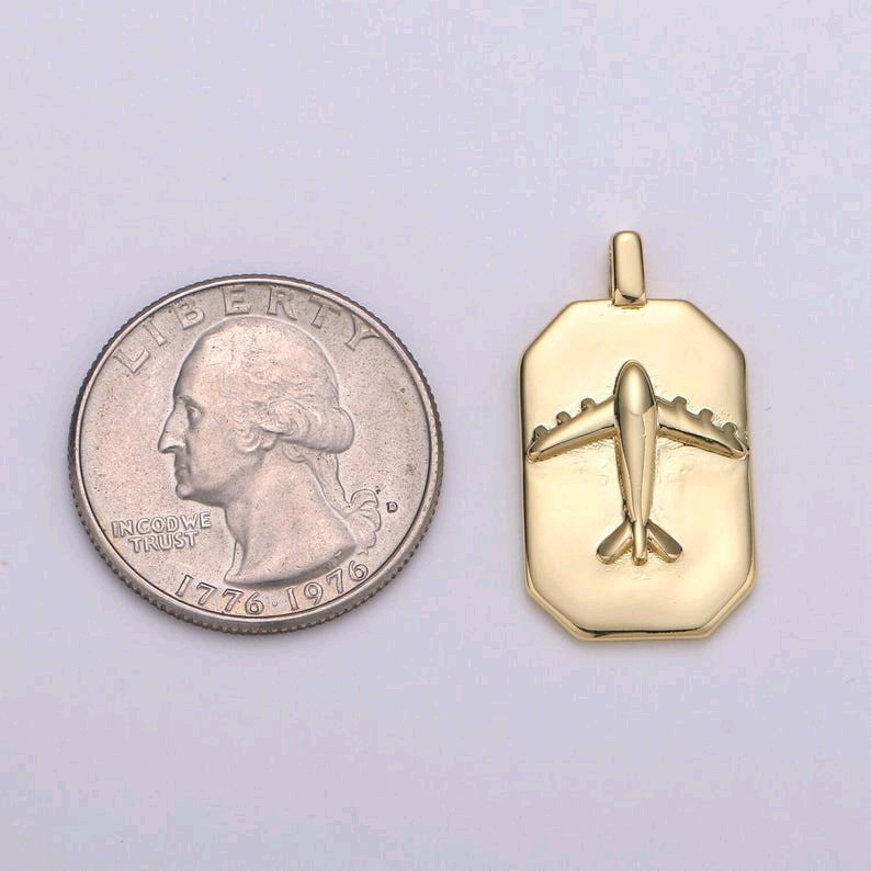 14k Gold Rectangle Medallion Airplane Charm, Dainty Travel Pendant for DIY Neckl
