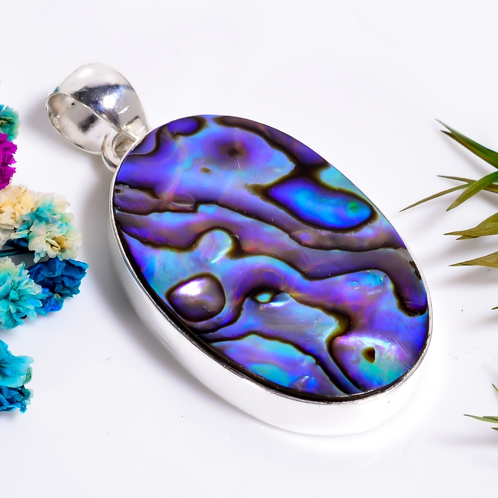 Abalone Shell Gemstone Ethnic Handmade Jewelry.925 Silver Pendant